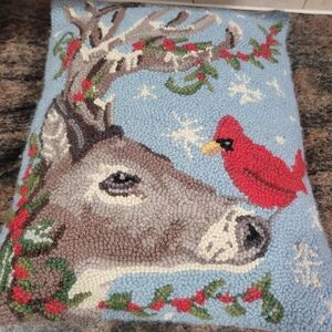 Wool Reindeer and Cardinal Pillow 14X18